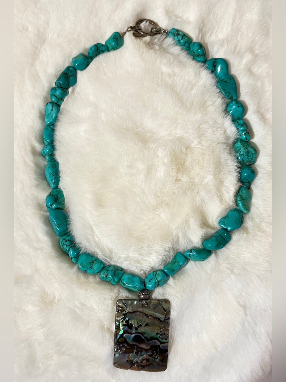 GENUINE TURQUOISE & Genuine Abalone Shell Pendant Vintage Necklace A Statement!